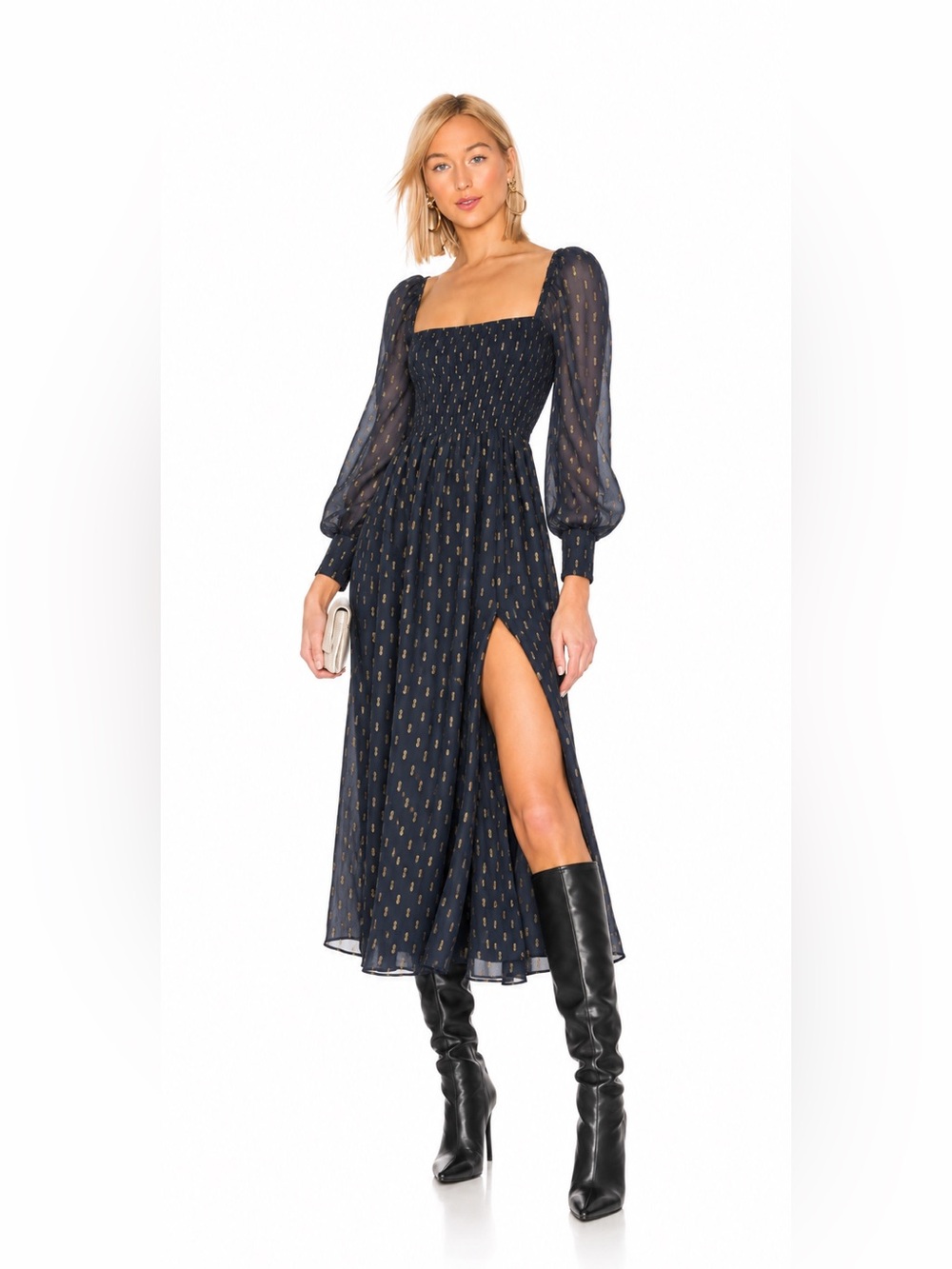 NWT o.p.t. Navy & Gold Metallic Smocked Midi Dress - Size Medium